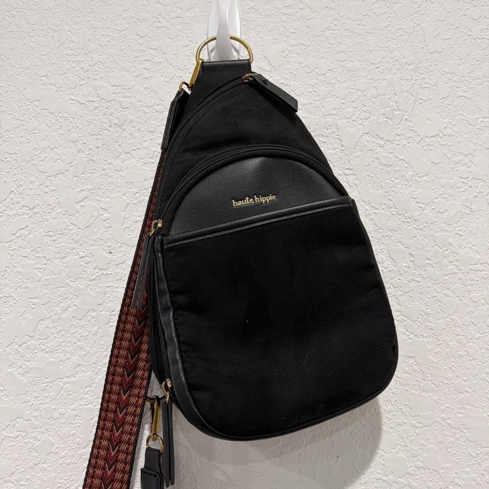 Haute Hippie Black Faux Leather Crossbody Sling Bag Red Women Strap